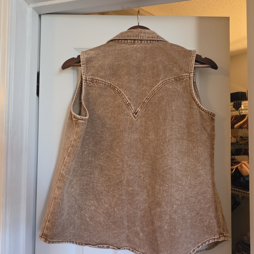 Lucky & Blessed Washed Brown Sleeveless Denim Vest - Picture 3 of 6